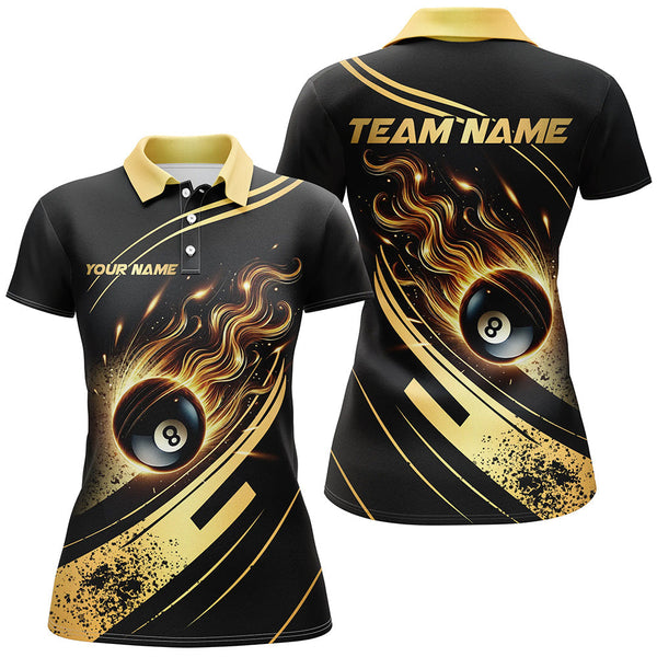 Maxcorners Personalized Black Golden 8 Ball Pool Fire Billiard Shirts For Women Team League Billiard Jerseys