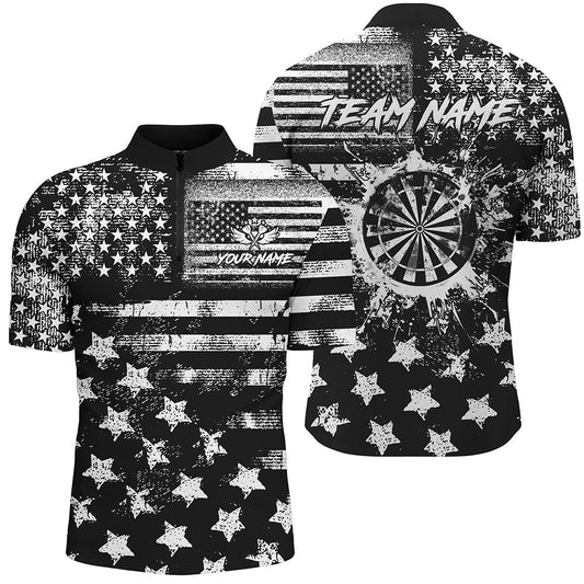 Maxcorners Custom Black Grunge Us Flag Patriotic Darts Shirt For Men, Retro Darts Board Darts Team Jerseys