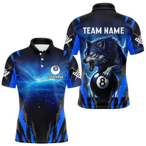 Maxcorners Personalized Thunder Lightning Wolf Billiard Shirt For Men, 8 Ball Billiard Team Jerseys |Blue LM0803
