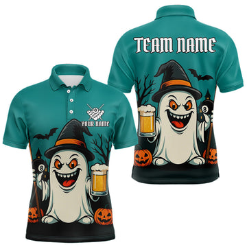 Maxcorners Custom Billiard Shirt Halloween Ghostly Beer Polo & 1/4 Zip For Men, Funny 8 Ball Pool Team Jersey LM1903