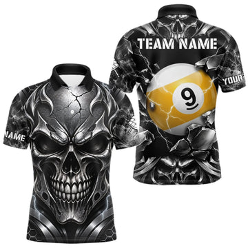 Maxcorners Black And Silver 9 Ball Pool Skull Billiard Shirts For Men Custom Billiard League Team Jersey LM0410