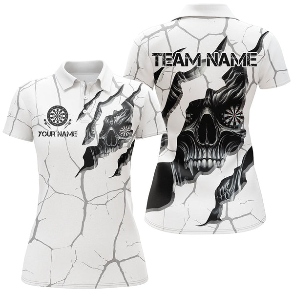 Maxcorners Personalized Skull White Grunge Darts Polo And Quarter-Zip Shirts For Women Custom Dart Team Jerseys