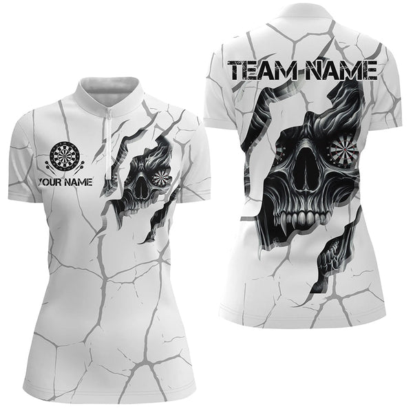 Maxcorners Personalized Skull White Grunge Darts Polo And Quarter-Zip Shirts For Women Custom Dart Team Jerseys