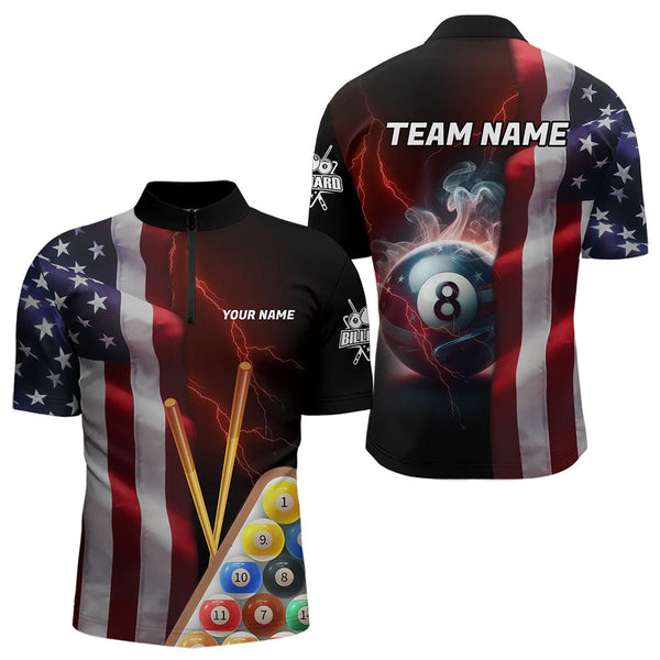 Maxcorners Personalized American Flag 8 Ball Pool Smoke Men And Women Billiard Shirt Patriotic Lightning Billiard Jersey