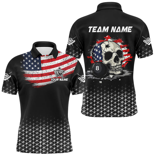 Maxcorners Personalized Patriotic Skull 8 Ball Billiard Shirts For Men Custom American Flag Billiard Jerseys