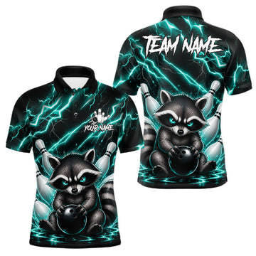 Maxcorners Turquoise Neon Lightning Raccoon Bowling Shirts For Men Custom Bowling Team Jersey Polo & Quarter Zip