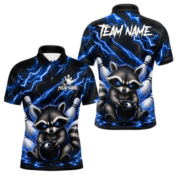 Maxcorners Blue Neon Lightning Raccoon Bowling Shirts For Men Custom Funny Bowling Team Jersey Polo & Quarter Zip