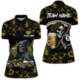 Maxcorners Yellow Funny Death Skeleton & Beer Billiard Shirts For Women Custom 8 Ball Lightning Billiard Jerseys