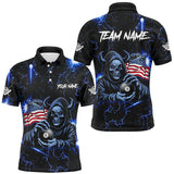 Maxcorners Blue Skull Thunder Lightning Us Flag Custom Billiard Shirts, Patriotic Billiard Team Jerseys