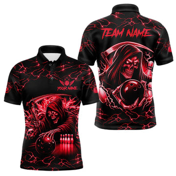 Maxcorners Custom Red Grim Reaper Lightning Bowling Shirt For Men, Skull Bowling Jersey Team Polo & 1/4 Zip LM0607