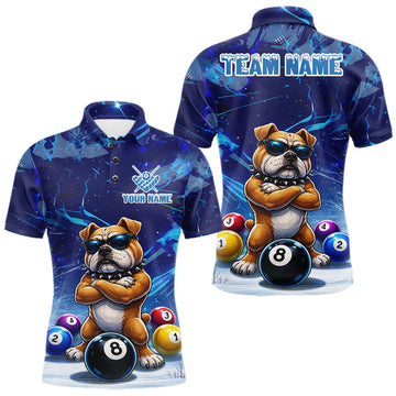 Maxcorners Funny Bulldog Pool Balls Billiard Shirt For Men Custom Billiard Team Jersey Polo & 1/4 Zip |Blue LM0503