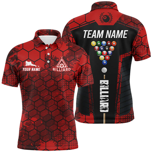 Maxcorners Red Grunge Hexagon Billiard Shirts For Men & Women Custom Pool Jerseys, Billiard Tournament Team Shirts