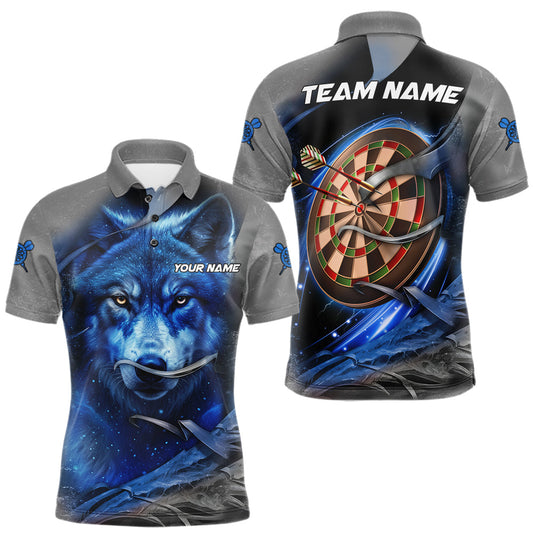 Maxcorners Personalized Wolf Lightning Darts Shirt For Men, Darts Team Jersey Polo & 1/4 Zip |Blue LM1705