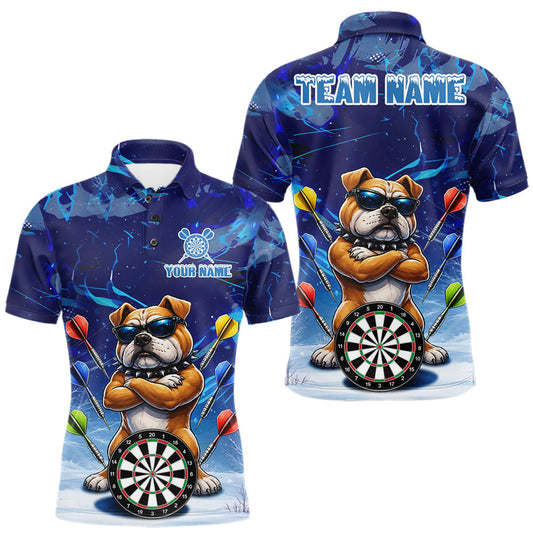 Maxcorners Personalized Blue Funny Bulldog Darts Shirt For Men Custom Darts Jersey Team Polo & 1/4 Zip LM1005
