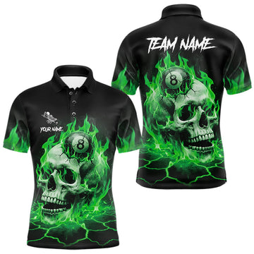 Maxcorners Green Flaming Skull 8 Ball Billiard Shirt For Men Custom Pool Team Jersey Polo & Quarter Zip LM0706