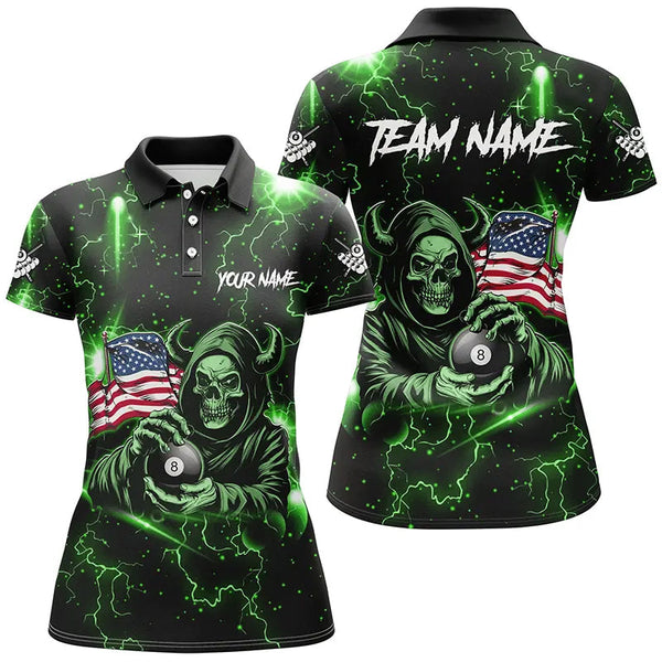 Maxcorners Green Skull Thunder Lightning US Flag Custom Men & Women Billiard Shirts, Patriotic Billiard Team Jerseys