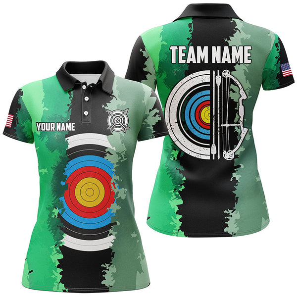 Maxcorners Personalized Green Jerseys Archery Target 3D Men Polo Shirts Custom Team League Archery Shirts