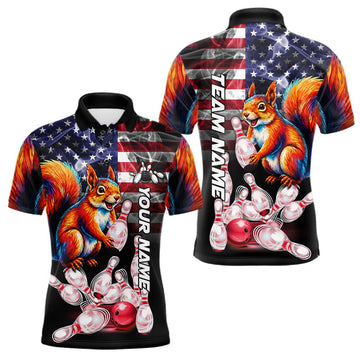 Maxcorners Smoke American Flag Squirrel Bowling Polo, 1/4 Zip For Men Custom Patriotic Bowling Team Jersey LM0706