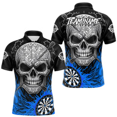 Maxcorners Black And Blue Flaming Skull Darts Shirt For Men Custom Darts League Jersey Team Polo & 1/4 Zip TU0812