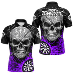 Maxcorners Black And Purple Flaming Skull Darts Shirt For Men Custom Darts League Jersey Team Polo & 1/4 Zip TU0812