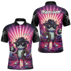 Maxcorners Funny Cat 8 Ball Billiard Shirt For Men Custom Neon Graffiti Billiard Jersey Team Polo & 1/4 Zip TU0812
