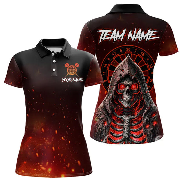 Maxcorners Red And Black Glowing Fire Death Skeleton Dart Shirts For Men Custom Dart Jerseys Polo & 1/4 Zip