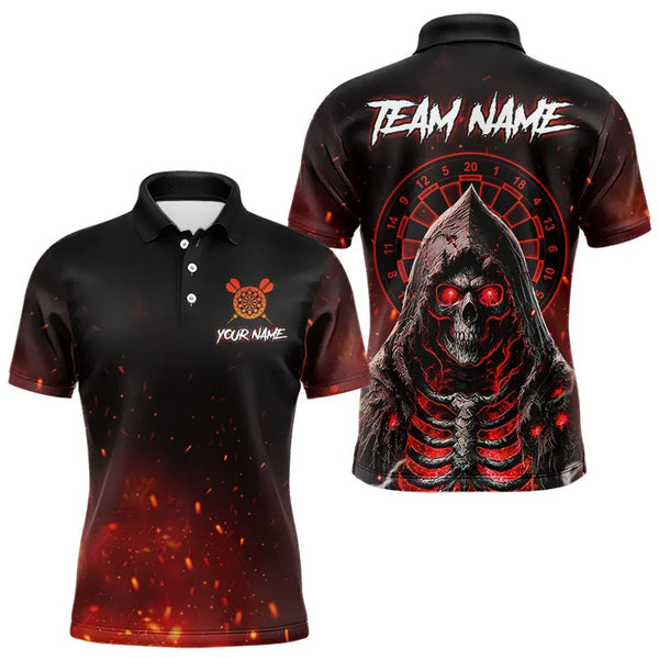Maxcorners Red And Black Glowing Fire Death Skeleton Dart Shirts For Men Custom Dart Jerseys Polo & 1/4 Zip