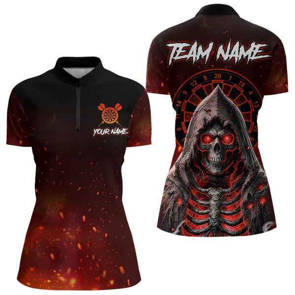 Maxcorners Red And Black Glowing Fire Death Skeleton Dart Shirts For Men Custom Dart Jerseys Polo & 1/4 Zip