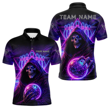 Maxcorners Custom Neon Grim Reaper Bowling Polo & 1/4 Zip Shirts For Men, Bowling Team Jersey Uniform