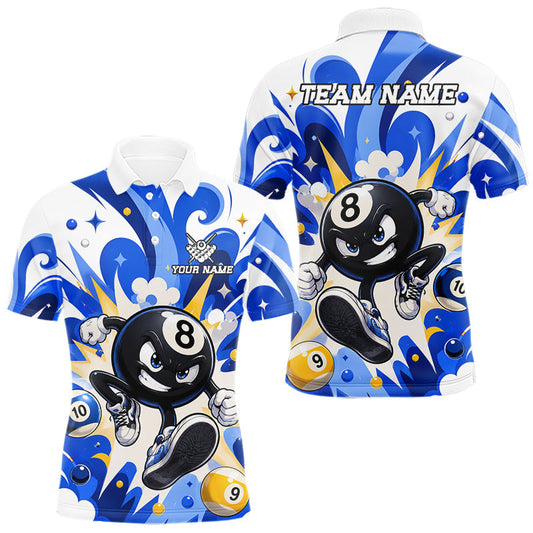 Maxcorners Blue Funny 8 Ball Pool Graffiti Billiard Shirts For Men Custom Billiard Team Jersey Polo & 1/4 Zip