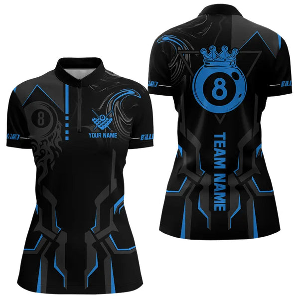 Maxcorners Customized 8 Ball Pool Crown Men And Women Billiard Shirts, Blue And Black Billiard Team Shirts, Pool Jerseys