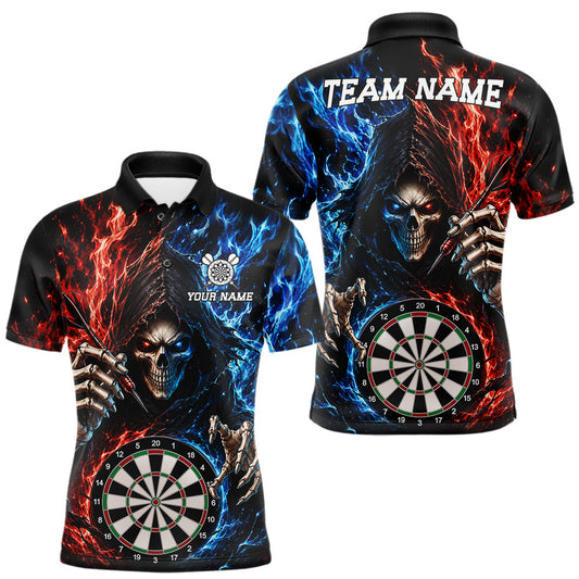 Maxcorners Blue And Red Flaming Grim Reaper Darts Shirts For Men Custom Darts Team Jersey Polo & 1/4 Zip LM1005