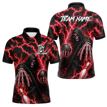 Maxcorners Custom Red Lightning Grim Reaper Bowling Shirts For Men, Bowling League Team Jersey Polo & 1/4 Zip