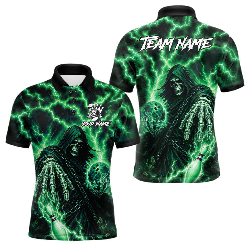 Maxcorners Custom Green Lightning Grim Reaper Bowling Shirts For Men, Bowling Team Jersey Polo & 1/4 Zip