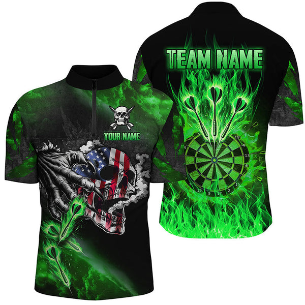 Maxcorners Green Fire Flame Dartboard American Flag Skull Darts Jersey Customized Name, Team Name 3D Shirt