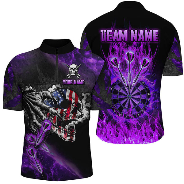 Maxcorners Purple Fire Flame Dartboard American Flag Skull Darts Jersey Customized Name, Team Name 3D Shirt