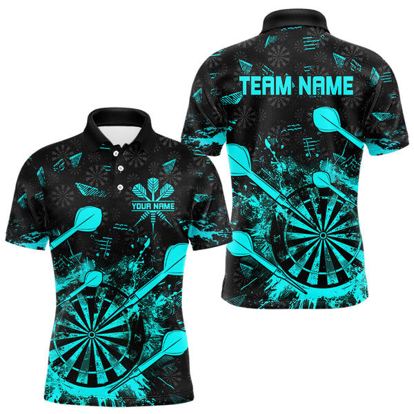 Maxcorners Black And Turquoise Grunge Darts Polo, Quarter Zip For Men Custom Dart Shirts For Team Dart Jerseys