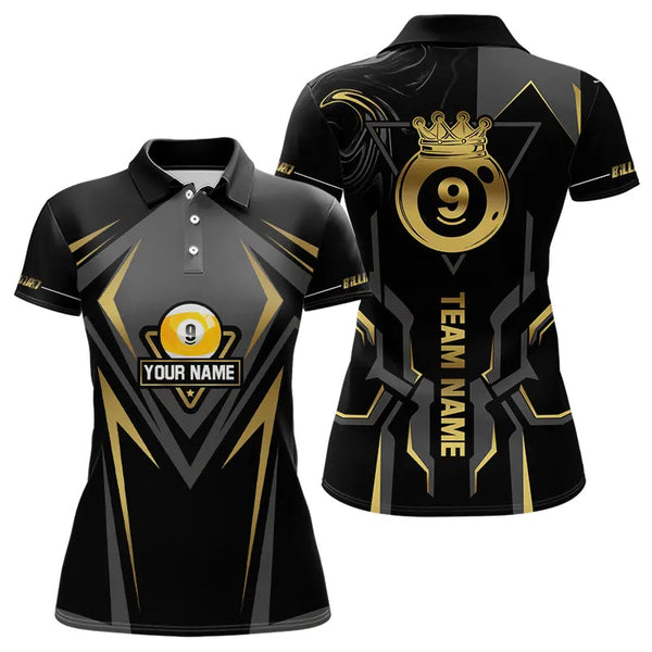 Maxcorners Customized 9 Ball Pool Crown Men Billiard Shirts, Gold And Black Billiard Team Shirts, Pool Jerseys