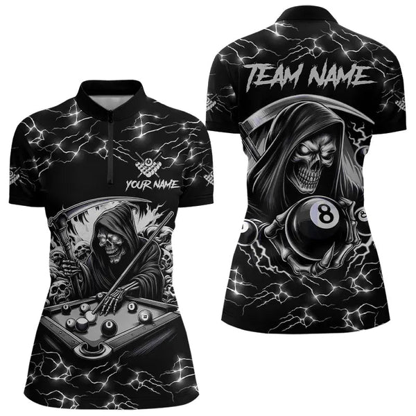 Maxcorners Black White Funny Death Skeleton 8 Ball Pool Men Billiard Shirts Custom Lightning Billiard Jerseys LM103