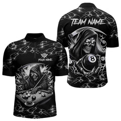 Maxcorners Black White Funny Death Skeleton 8 Ball Pool Men Billiard Shirts Custom Lightning Billiard Jerseys LM103