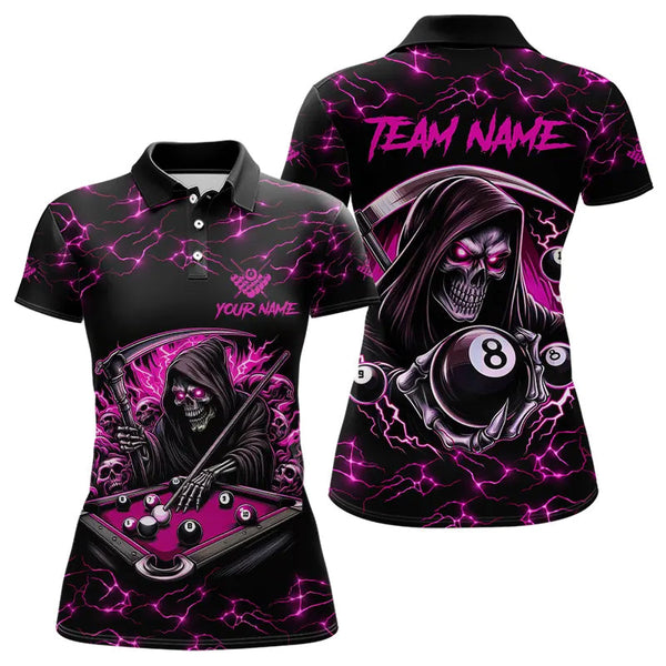 Maxcorners Pink Funny Death Skeleton 8 Ball Pool Men Billiard Shirts Custom Lightning Billiard Jerseys LM103