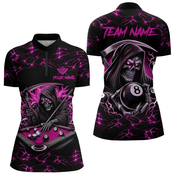 Maxcorners Pink Funny Death Skeleton 8 Ball Pool Men Billiard Shirts Custom Lightning Billiard Jerseys LM103