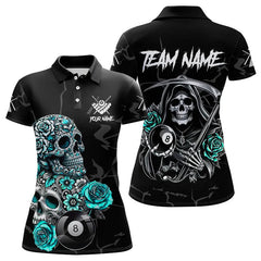 Maxcorners Personalized Funny Turquoise Skull Roses 8 Ball Billiard Shirts For Men Custom Pool Team Shirts LM103