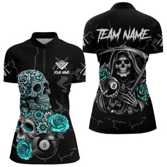 Maxcorners Personalized Funny Turquoise Skull Roses 8 Ball Billiard Shirts For Men Custom Pool Team Shirts LM103