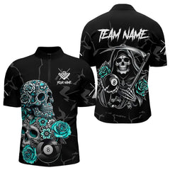 Maxcorners Personalized Funny Turquoise Skull Roses 8 Ball Billiard Shirts For Men Custom Pool Team Shirts LM103