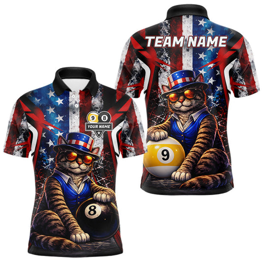 Maxcorners Funny Cat 8 Ball & 9 Ball Billiard Shirt For Men Custom Vintage American Flag Pool Team Jersey LM0410