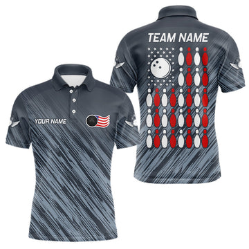 Maxcorners Personalized US Flag Grey Bowling Shirt For Men, Patriotic Bowling Team Jersey Polo & 1/4 Zip