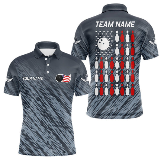 Maxcorners Personalized US Flag Grey Bowling Shirt For Men, Patriotic Bowling Team Jersey Polo & 1/4 Zip
