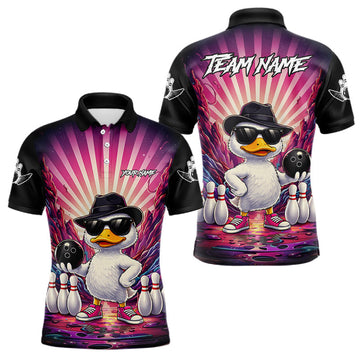 Maxcorners Pink Funny Duck Bowling Jersey For Men Custom Graffiti Bowling Shirt Team Polo & 1/4 Zip Shirt