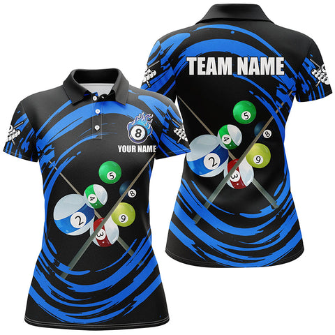 Maxcorners Personalized Blue Billiard Balls & Cue Wave Pattern Women Polo Shirts